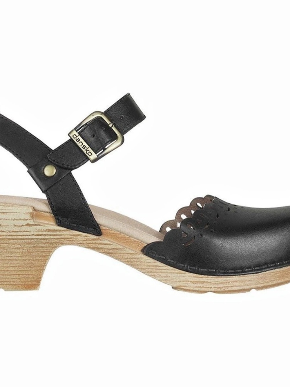 Dansko Marta Black Leather Mary Jane Clog Heels | Scalloped Cutouts
